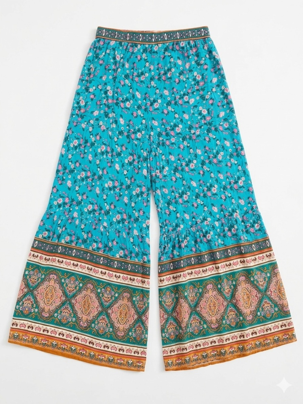 Umgee Teal Floral Wide-Leg Boho Pants